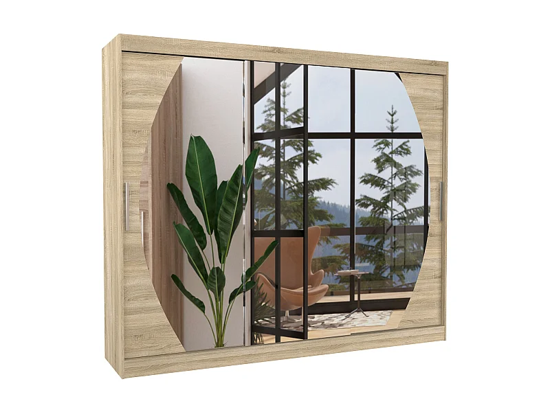 Grande armoire de chambre à coucher 3 portes coulissantes bois clair et miroir Kerry 250cm