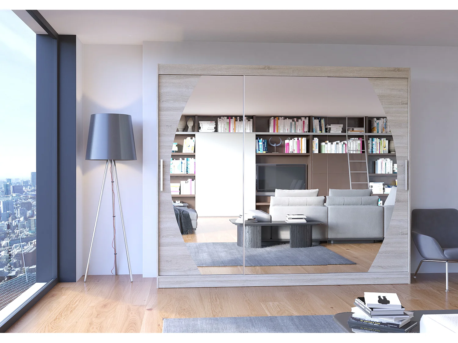 Grande armoire de chambre à coucher 3 portes coulissantes bois clair et miroir Kerry 250cm