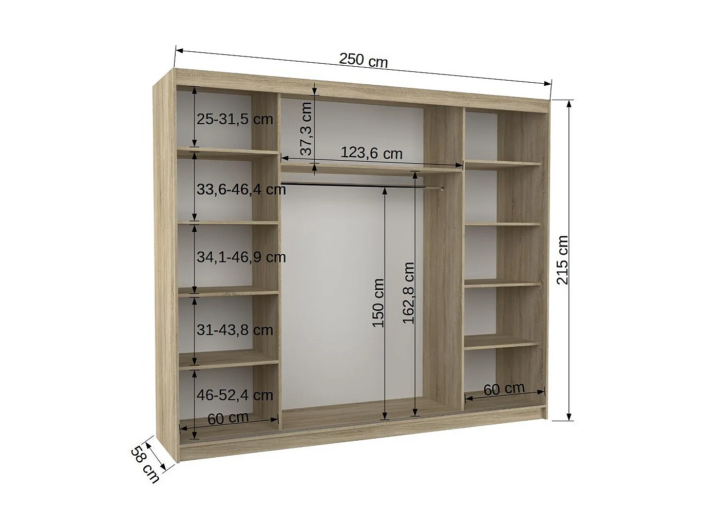 Grande armoire de chambre à coucher 3 portes coulissantes bois clair et miroir Kerry 250cm