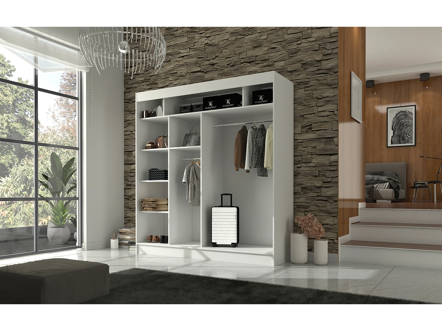 Armoire de chambre 1 porte blanche et noir laquée 1 porte miroir Voka - 3 tailles-Largeur 200 cm