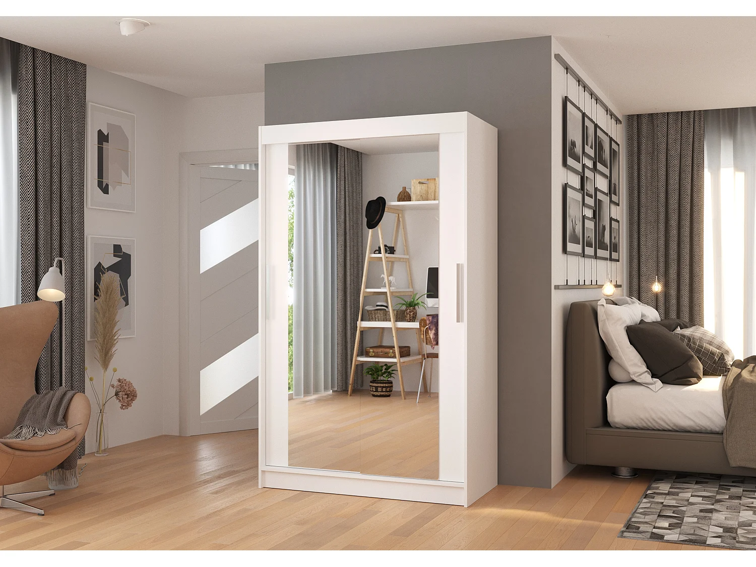 Petite armoire moderne de chambre à coucher blanche avec 2 portes coulissantes miroir Ibizo 120cm