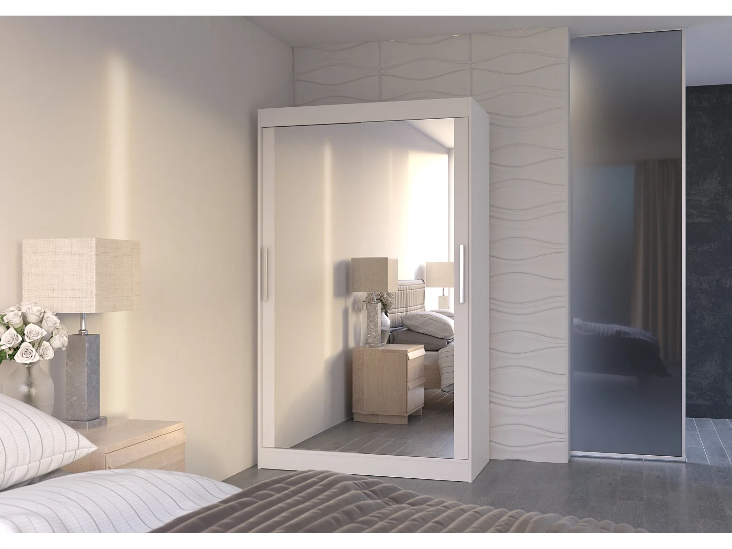 Petite armoire moderne de chambre à coucher blanche avec 2 portes coulissantes miroir Ibizo 120cm