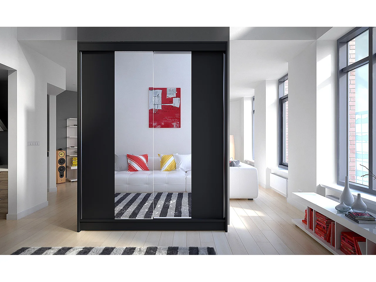 Armoire de chambre 2 portes coulissantes bois noir et miroir Zomka 150cm