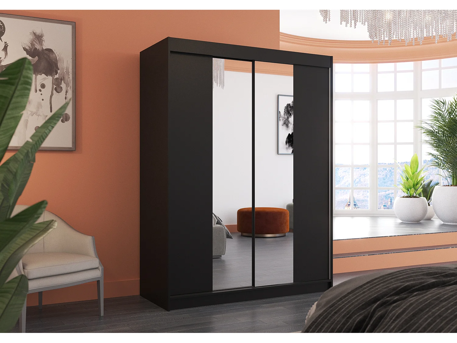 Armoire de chambre 2 portes coulissantes bois noir et miroir Zomka 150cm