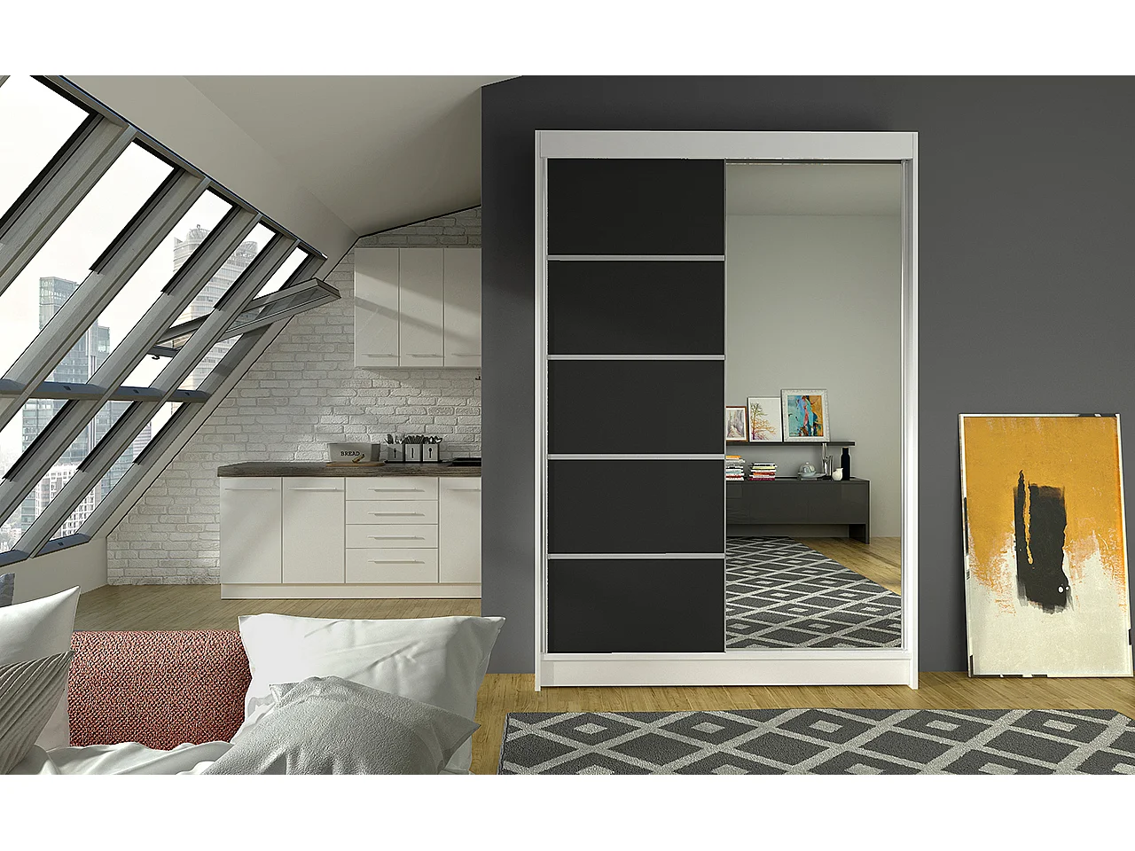 Petite armoire de chambre 2 portes coulissantes bois blanc et noir avec miroir Noka 120cm