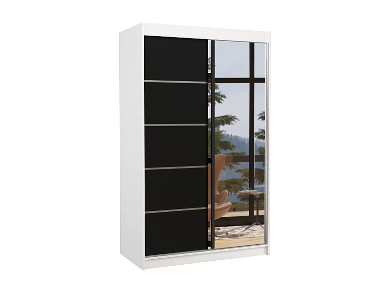 Petite armoire de chambre 2 portes coulissantes bois blanc et noir avec miroir Noka 120cm