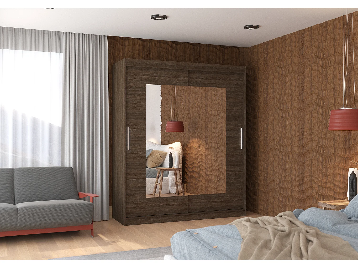 Armoire de chambre moderne marron 2 portes coulissantes avec miroir Rozika 180cm