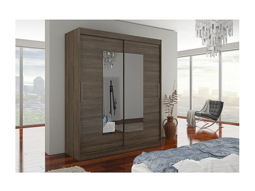 Armoire de chambre moderne marron 2 portes coulissantes avec miroir Rozika 180cm