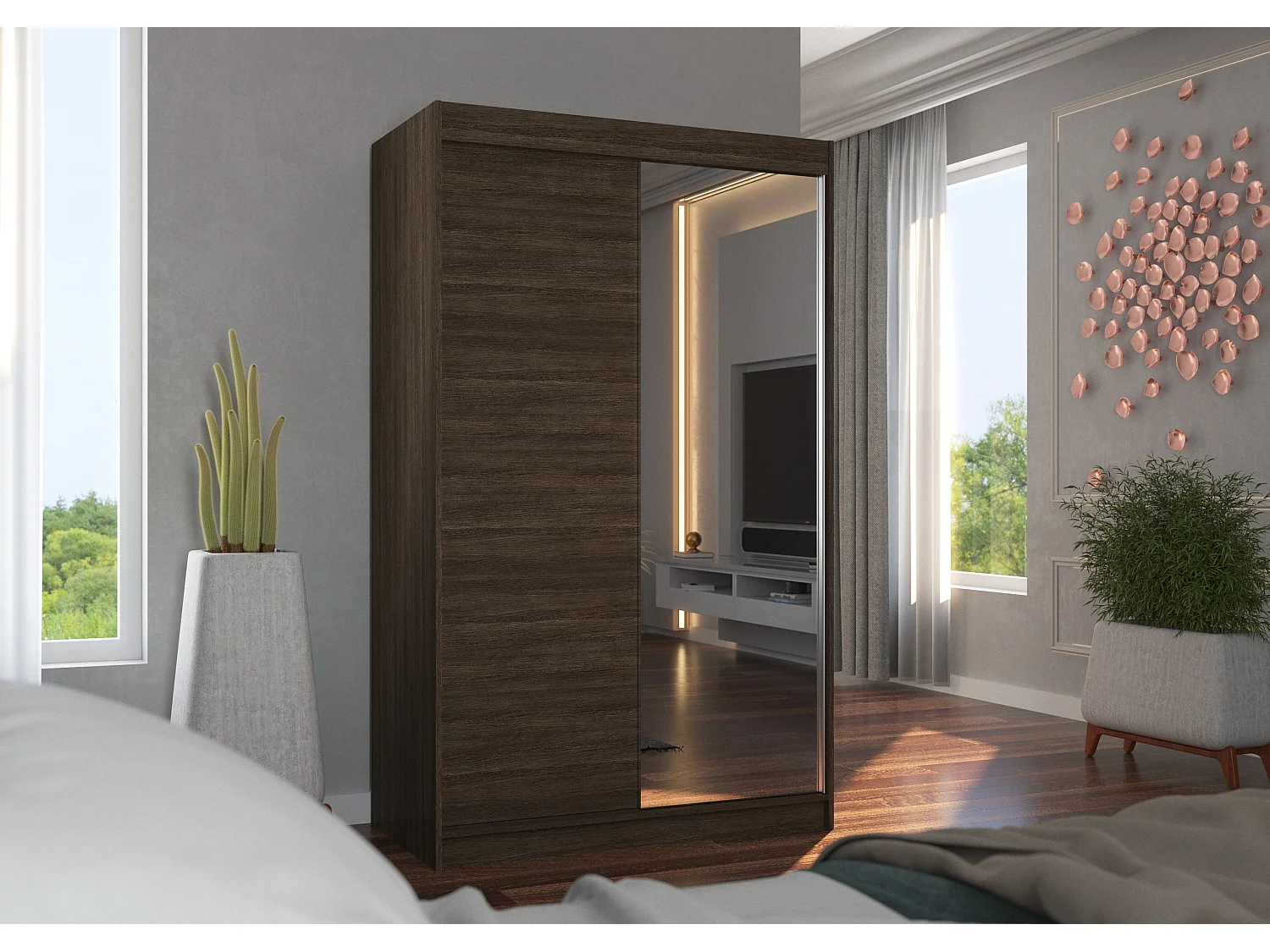 Petite armoire de chambre 2 portes coulissantes 1 bois marron 1 miroir Roxane 120cm