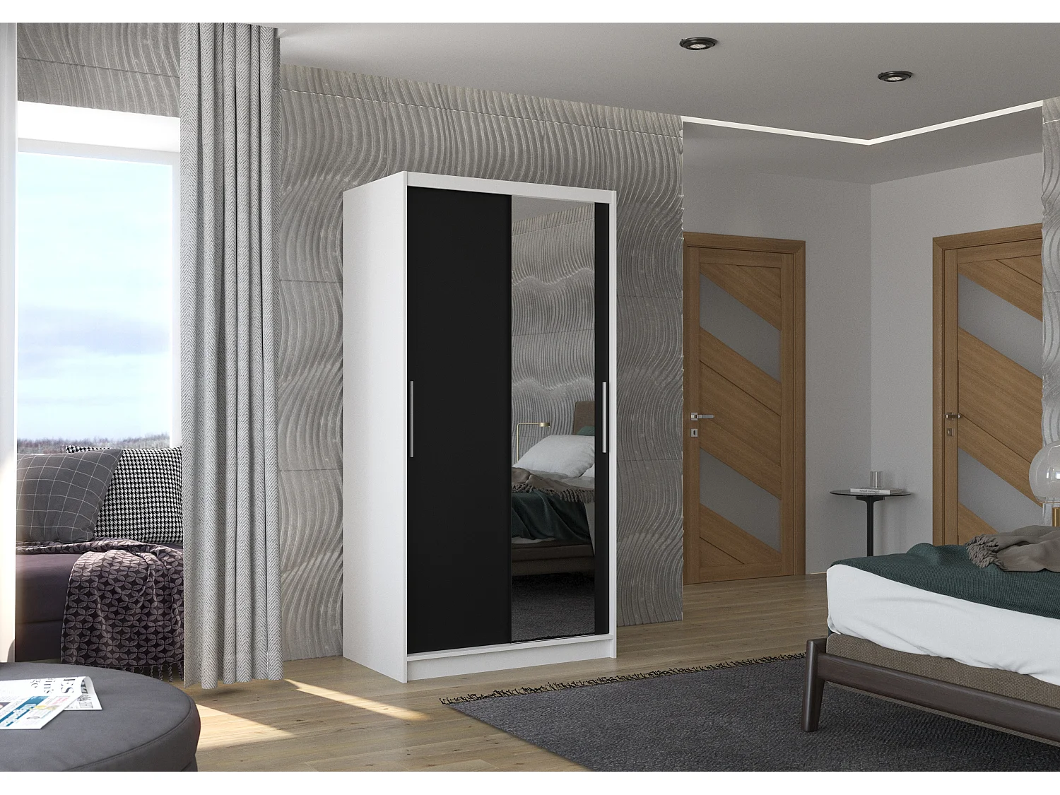 Petite armoire de chambre BAZO 2 portes coulissantes bois et miroir-Blanc/Noir-Largeur 100 cm