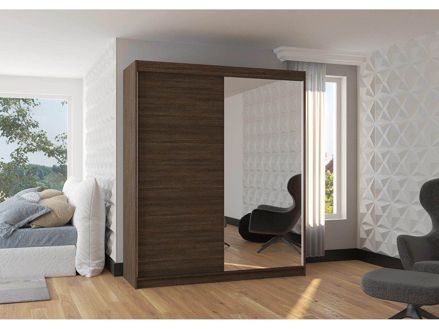 Armoire de chambre à coucher 2 portes coulissantes 1 marron et 1 miroir Masso 180cm