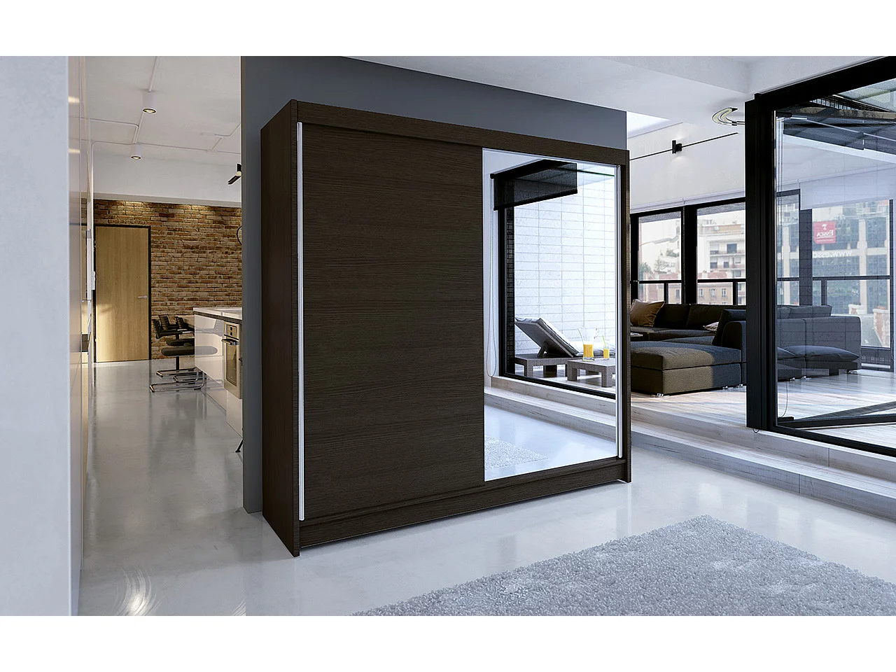 Armoire de chambre à coucher 2 portes coulissantes 1 marron et 1 miroir Masso 180cm