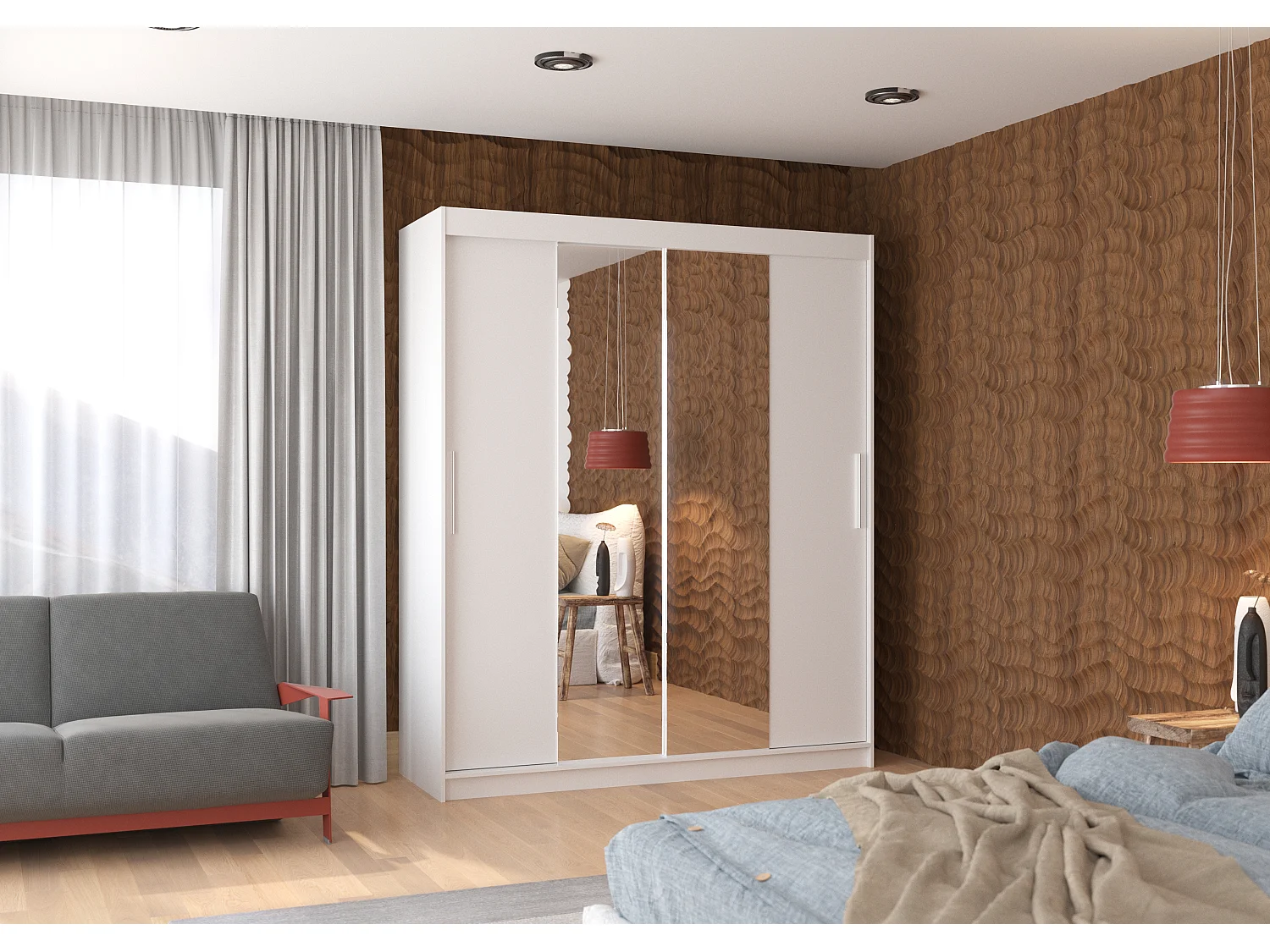 Armoire de chambre à coucher 2 portes coulissantes blanc et miroir Dally 180cm