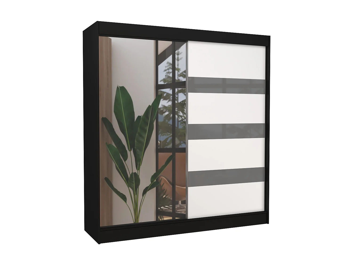 Armoire de chambre noire 1 porte blanche et grise laquée 1 porte miroir Voka - 3 tailles-Largeur 120 cm