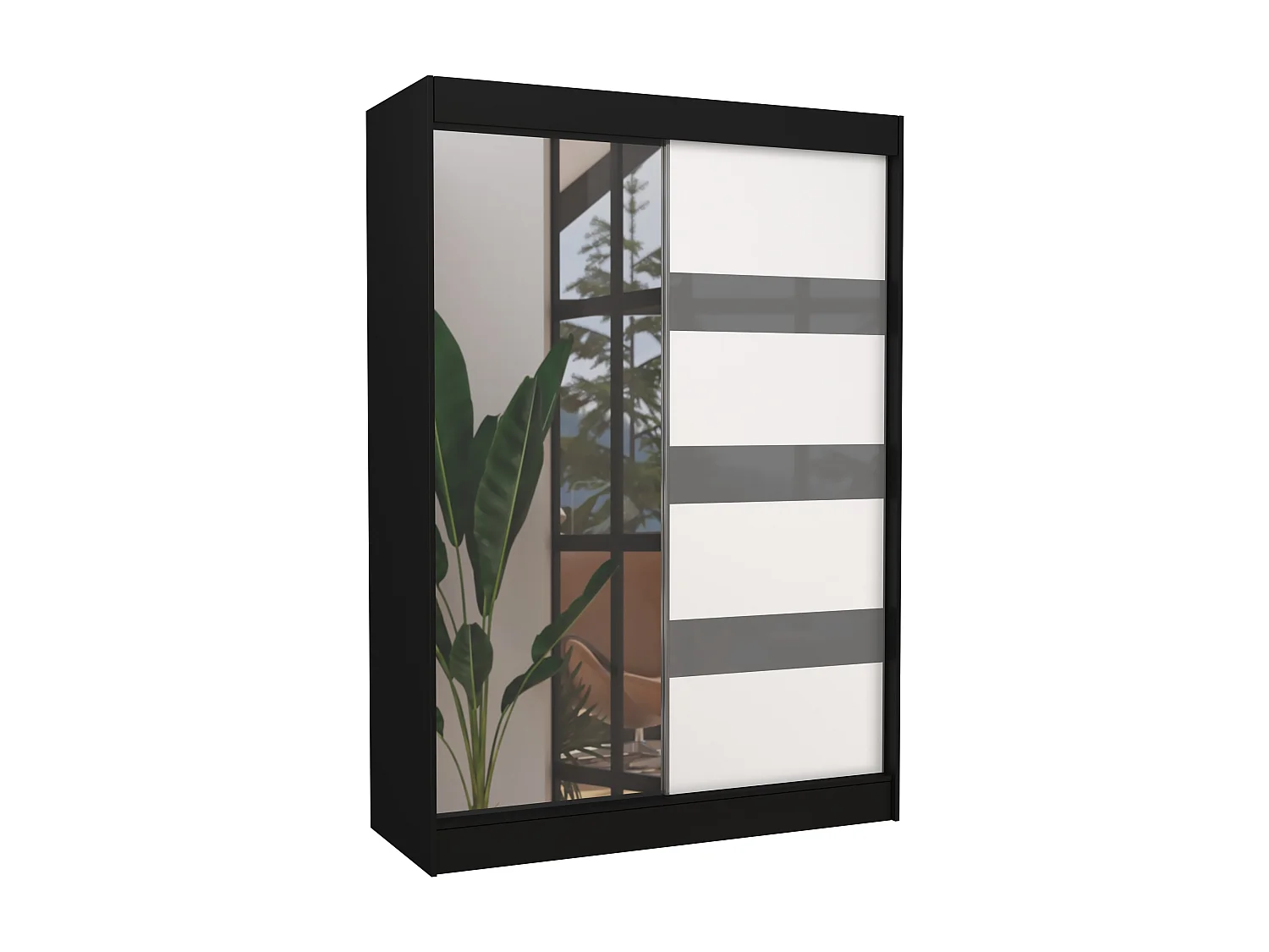 Armoire de chambre noire 1 porte blanche et grise laquée 1 porte miroir Voka - 3 tailles-Largeur 120 cm