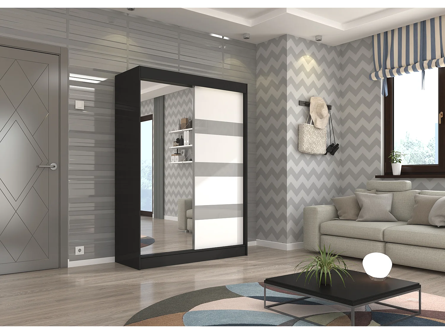 Armoire de chambre noire 1 porte blanche et grise laquée 1 porte miroir Voka - 3 tailles-Largeur 120 cm