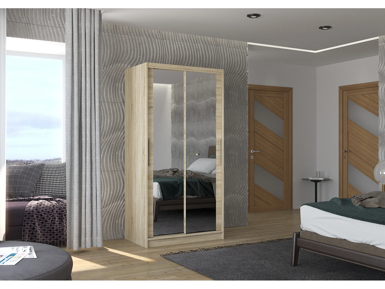 Petite armoire de chambre naturel 2 portes coulissantes avec miroir Niko 100cm