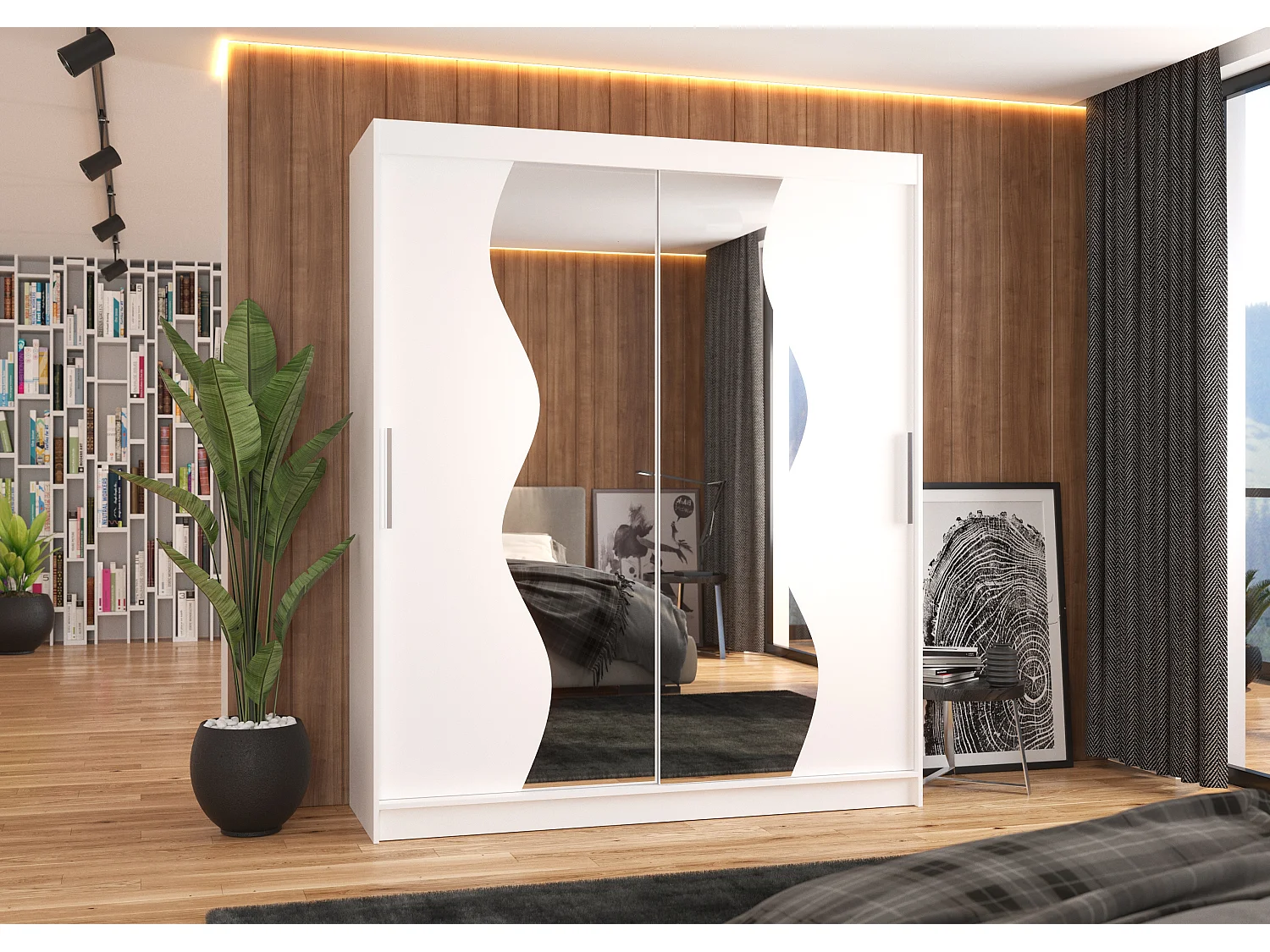 Armoire de chambre moderne blanche 2 portes coulissantes avec miroir Voky 180cm