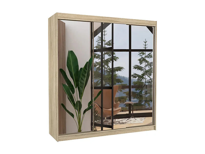 Armoire chambre adulte 2 portes coulissantes bois clair et miroir Kostina 200cm