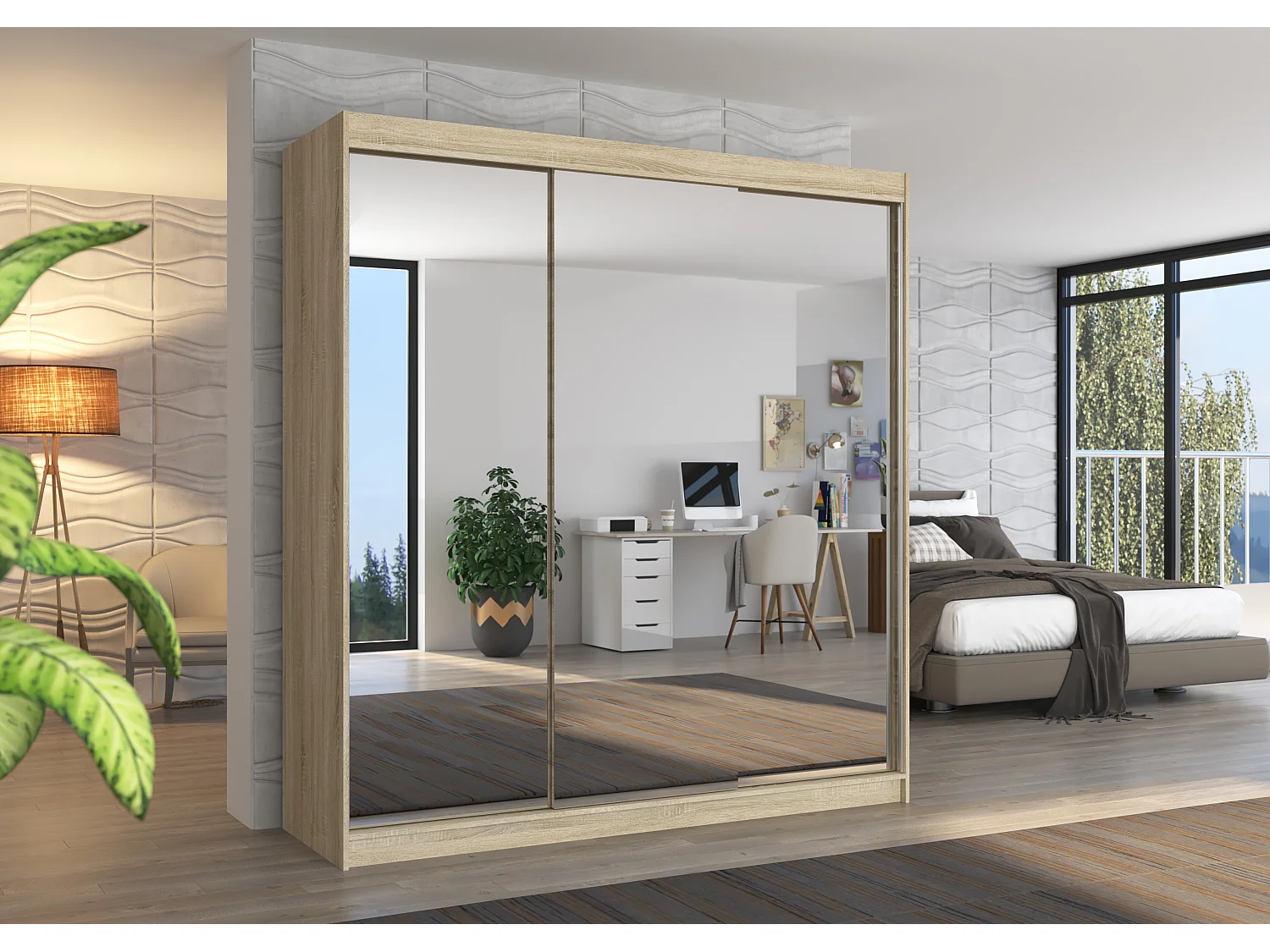 Armoire chambre adulte 2 portes coulissantes bois clair et miroir Kostina 200cm