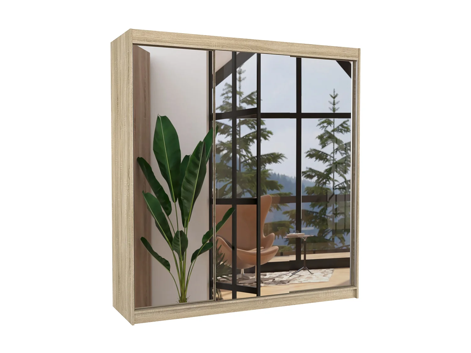 Armoire chambre adulte 2 portes coulissantes bois clair et miroir Kostina 200cm