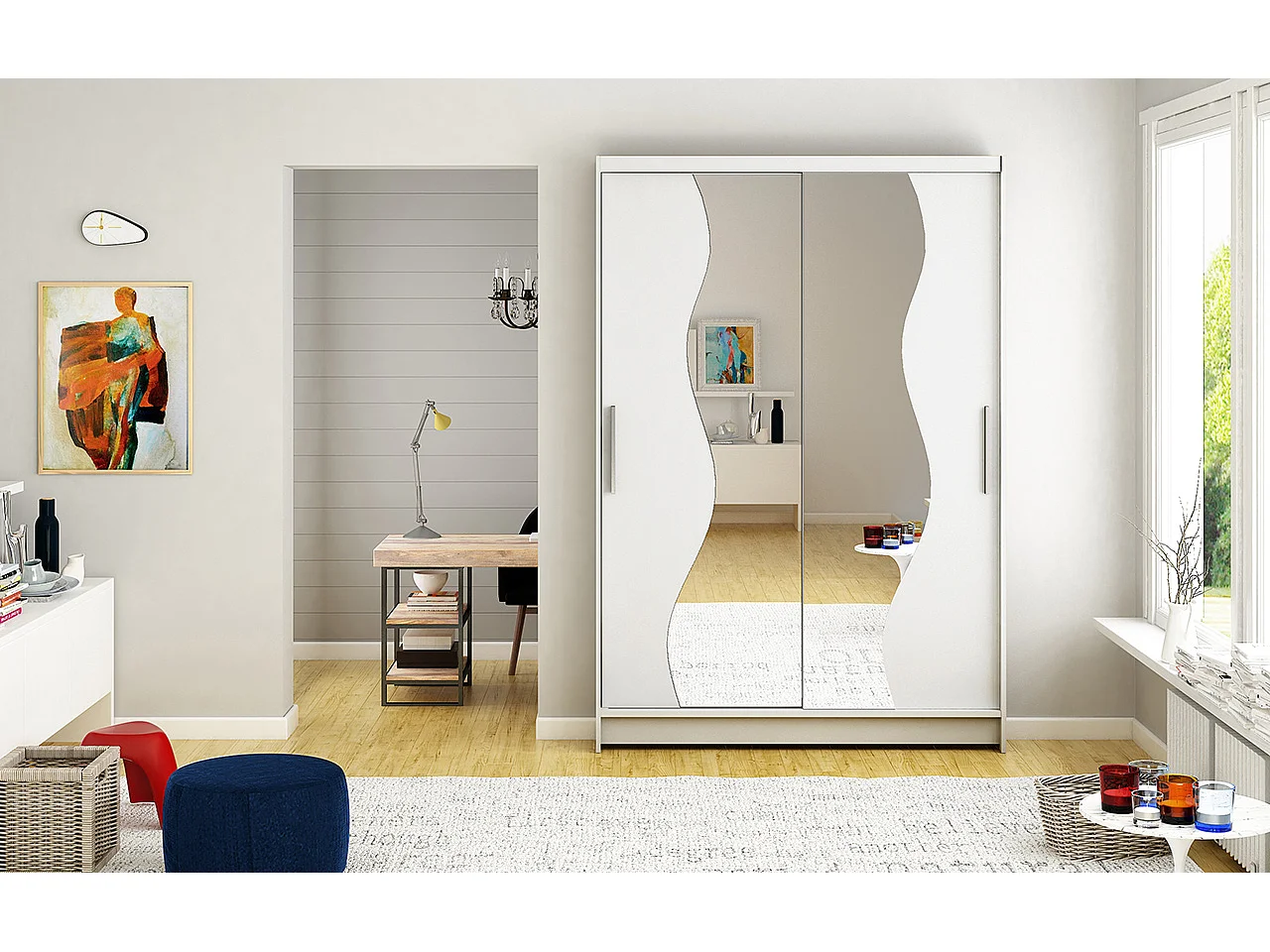 Petite armoire de chambre 2 portes coulissantes bois blanc et miroir Vaguz 120cm