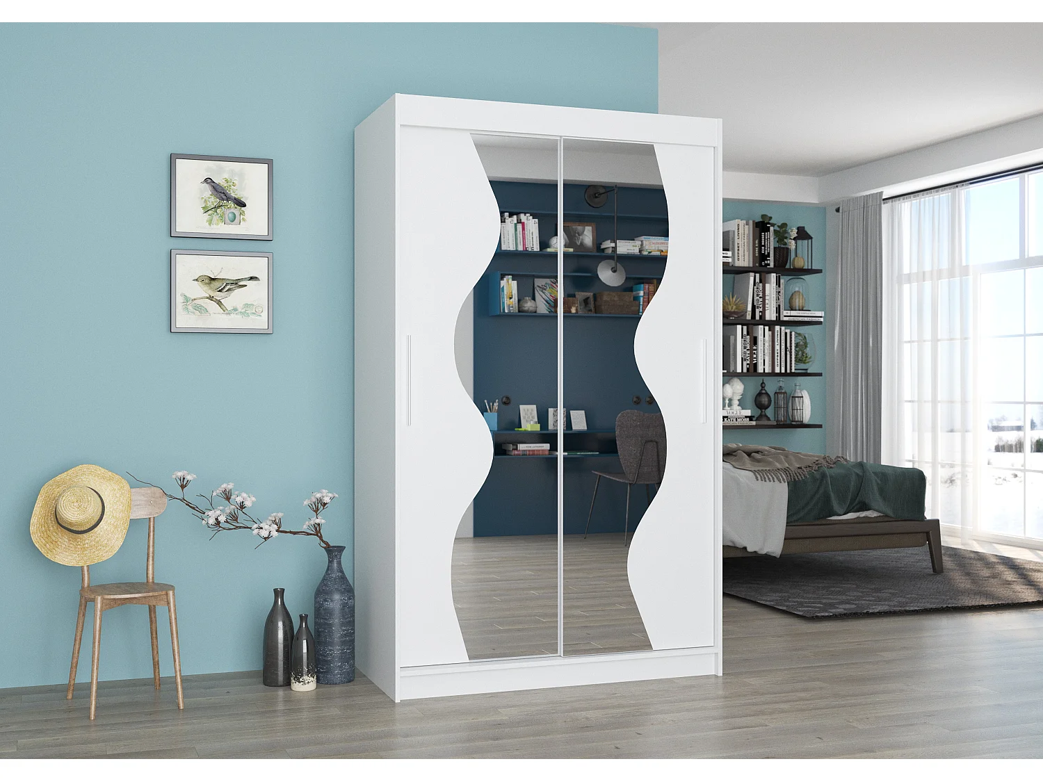 Petite armoire de chambre 2 portes coulissantes bois blanc et miroir Vaguz 120cm