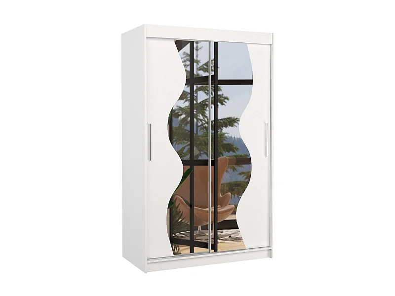 Petite armoire de chambre 2 portes coulissantes bois blanc et miroir Vaguz 120cm