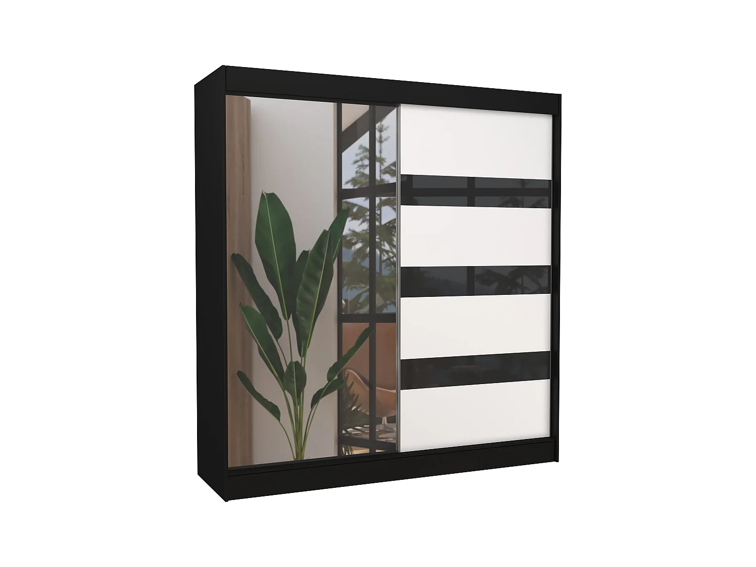 Zwarte slaapkamerkast 1 wit en zwart gelakte deur 1 spiegeldeur Voka - 3 maten-Breedte 150 cm