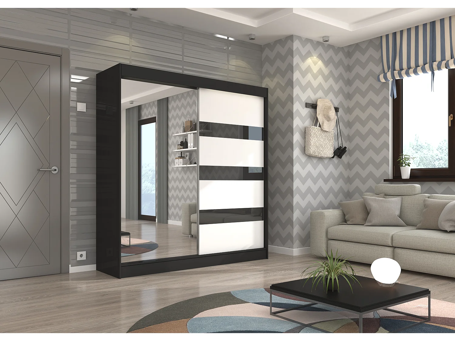 Armoire de chambre noire 1 porte blanche et noire laquée 1 porte miroir Voka - 3 tailles-Largeur 150 cm