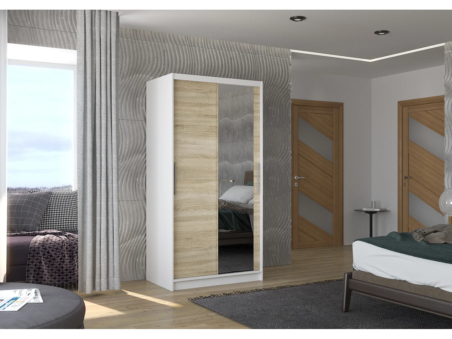 Petite armoire de chambre blanche 2 portes coulissantes bois naturel et miroir Bazo 100cm