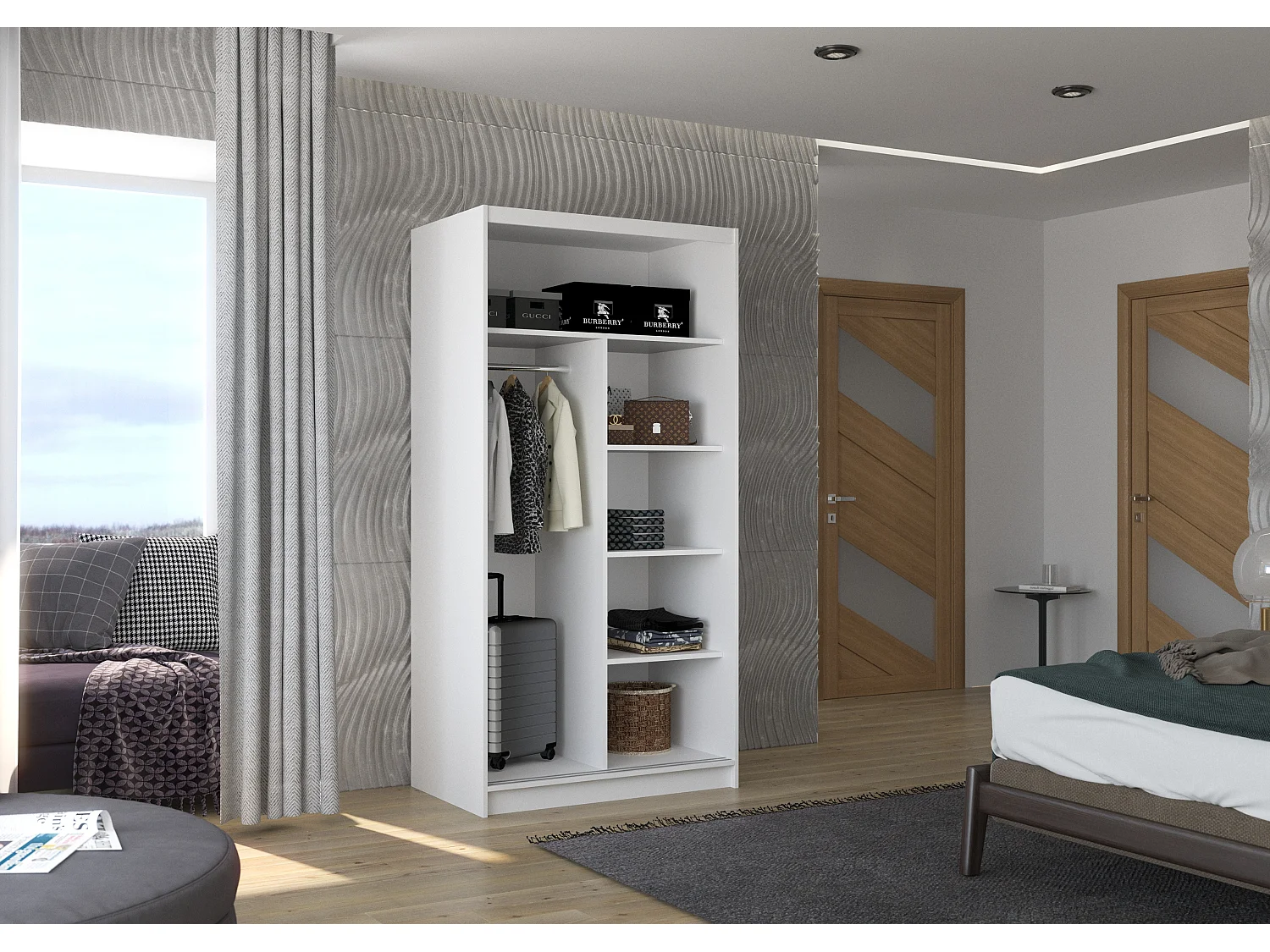 Petite armoire de chambre blanche 2 portes coulissantes bois naturel et miroir Bazo 100cm