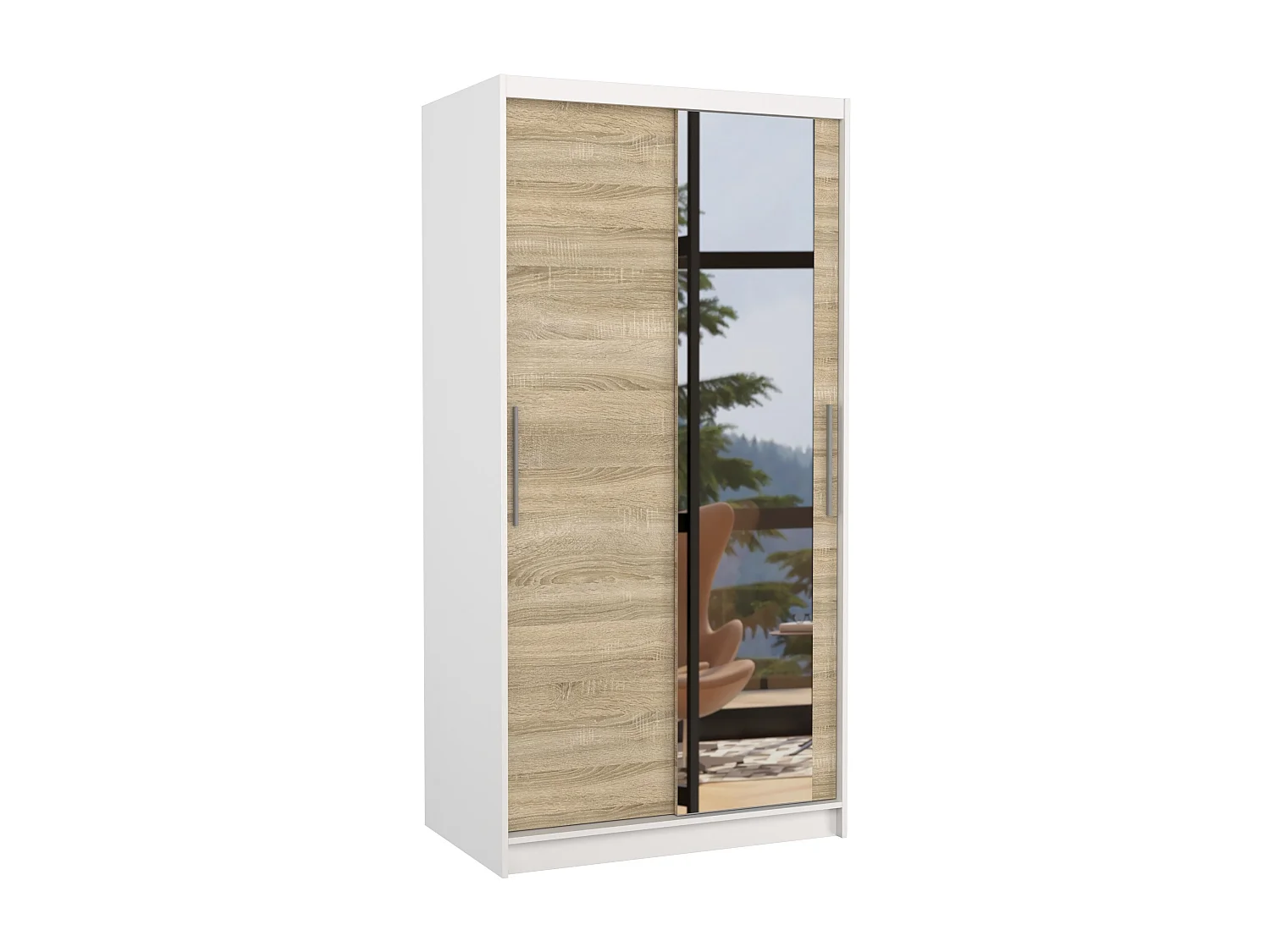 Petite armoire de chambre blanche 2 portes coulissantes bois naturel et miroir Bazo 100cm