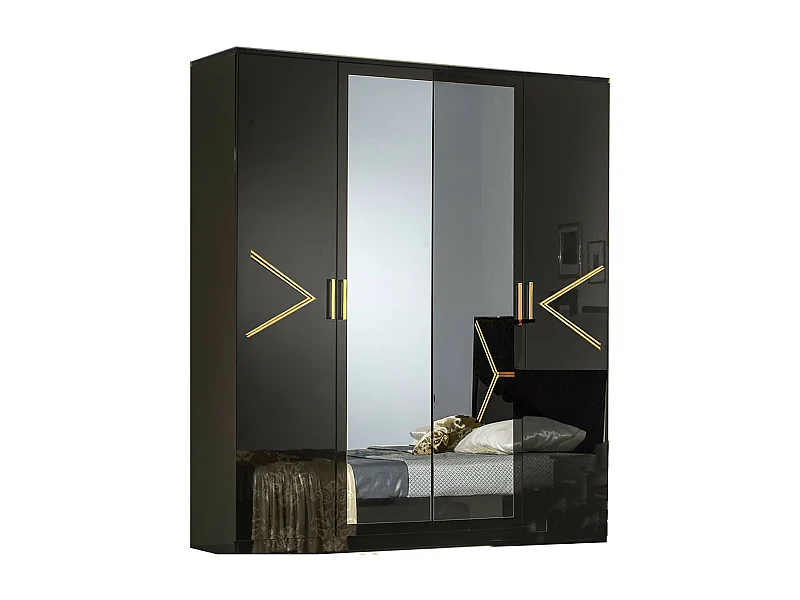 Armoire de chambre design 4 portes battantes bois noir laqué et métal doré Diamanto 182cm
