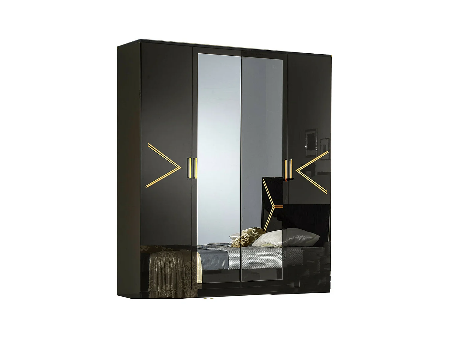Armoire de chambre design 4 portes battantes bois noir laqué et métal doré Diamanto 182cm