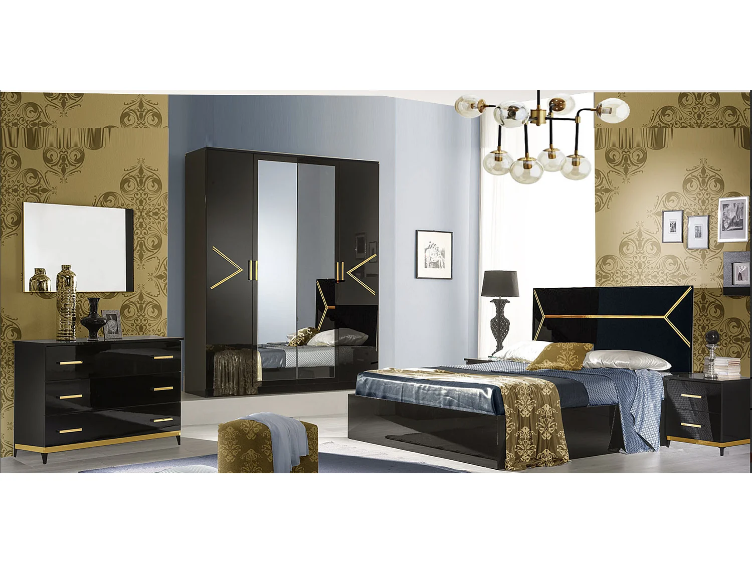 Design slaapkamerkast met 4 draaideuren in zwart gelakt hout en goud metaal Diamanto 182 cm