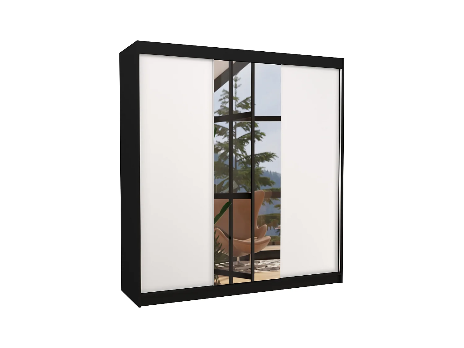 Armoire chambre adulte 2 portes coulissantes bois noir et blanc avec miroir Zafa 200cm