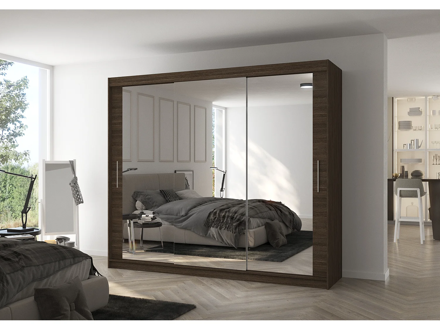 Grande armoire de chambre moderne 3 portes coulissantes marron et miroir Douko 250cm