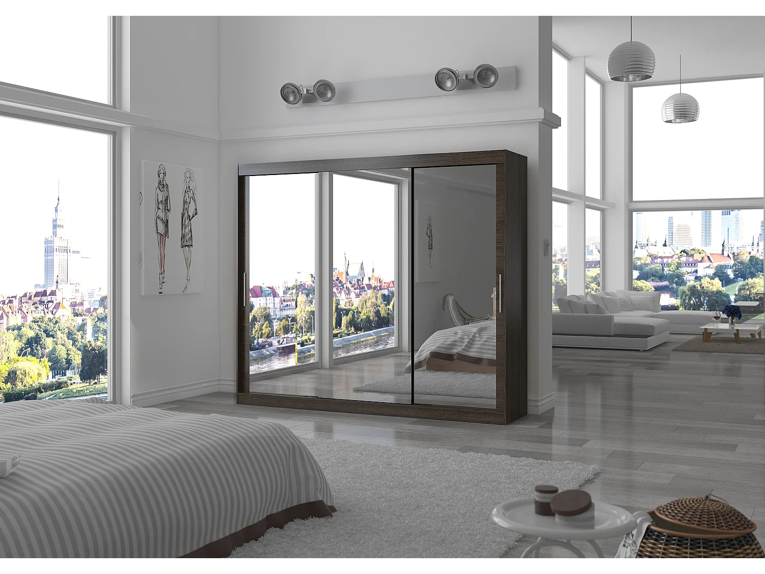 Grande armoire de chambre moderne 3 portes coulissantes marron et miroir Douko 250cm