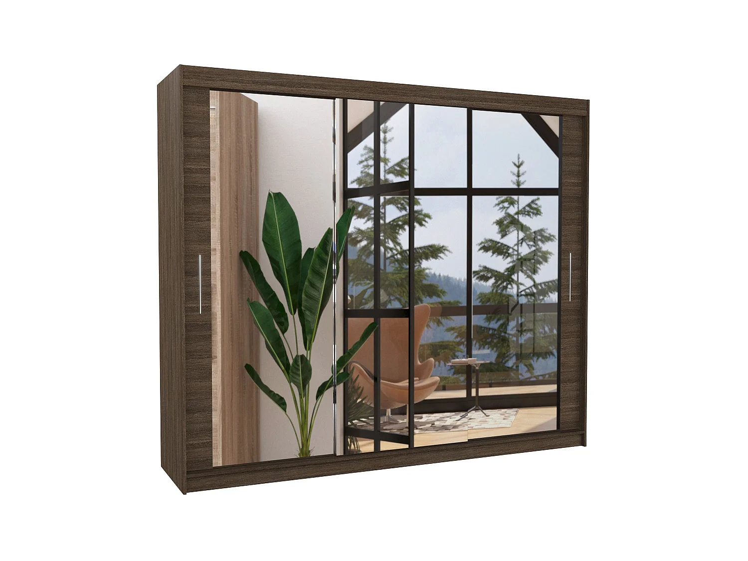 Grande armoire de chambre moderne 3 portes coulissantes marron et miroir Douko 250cm