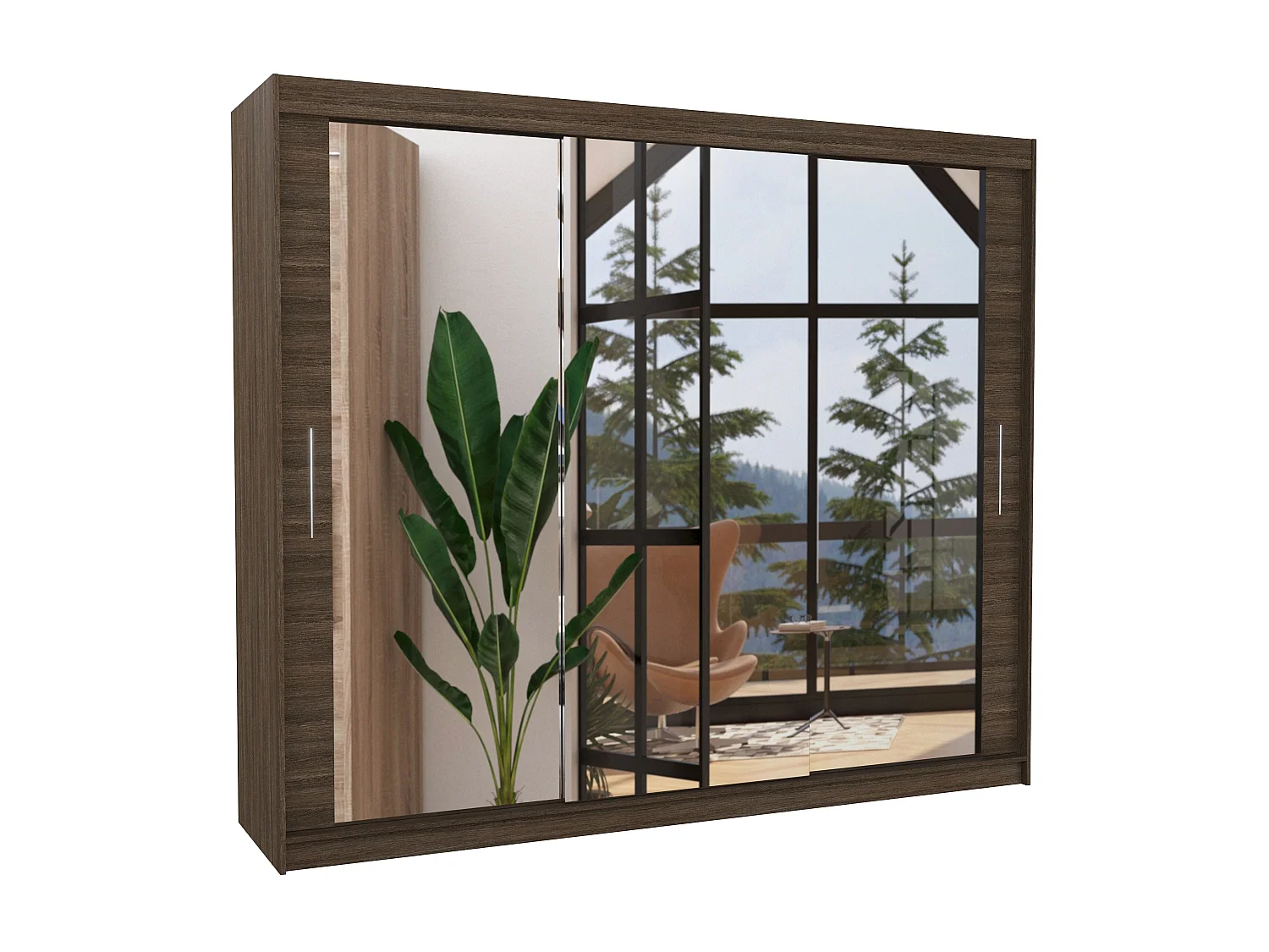 Grande armoire de chambre moderne 3 portes coulissantes marron et miroir Douko 250cm