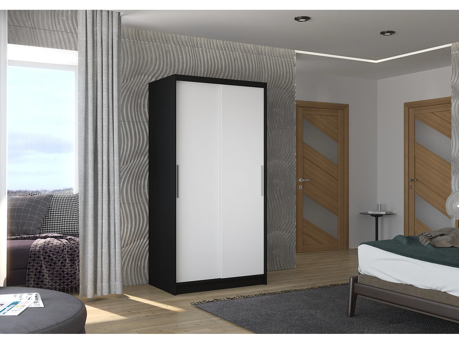 Petite armoire de chambre à coucher noir 2 portes coulissantes blanches Kilane 100cm