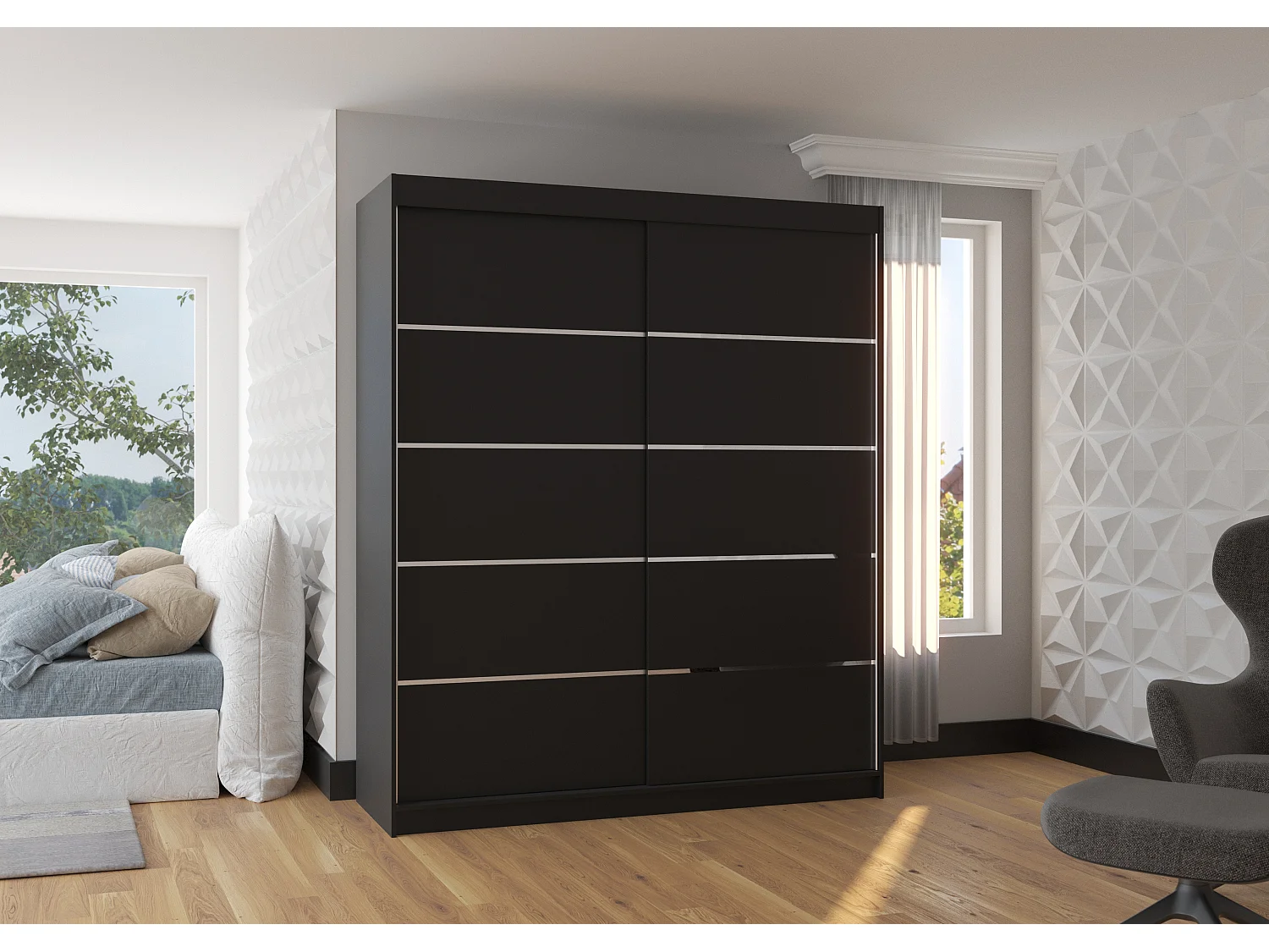Armoire de chambre à coucher 2 portes coulissantes noir et alu Pimka 180cm