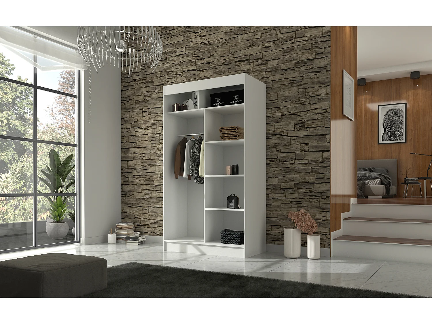 Armoire de chambre à portes coulissantes bois clair mat et blanc laqué Karola - 3 tailles-Largeur 150 cm