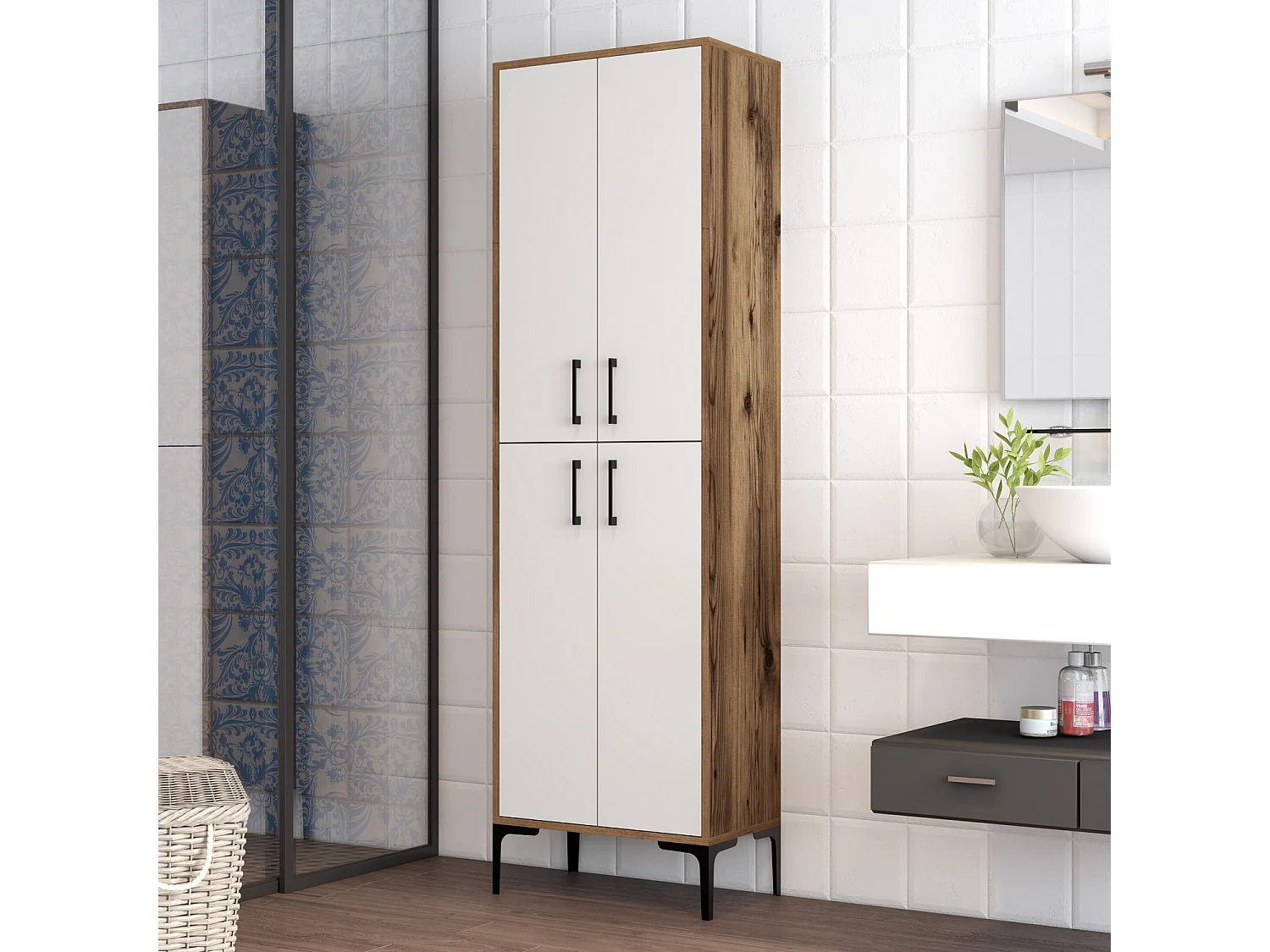 Kliko 60 cm multifunctionele kast van walnoot en wit hout