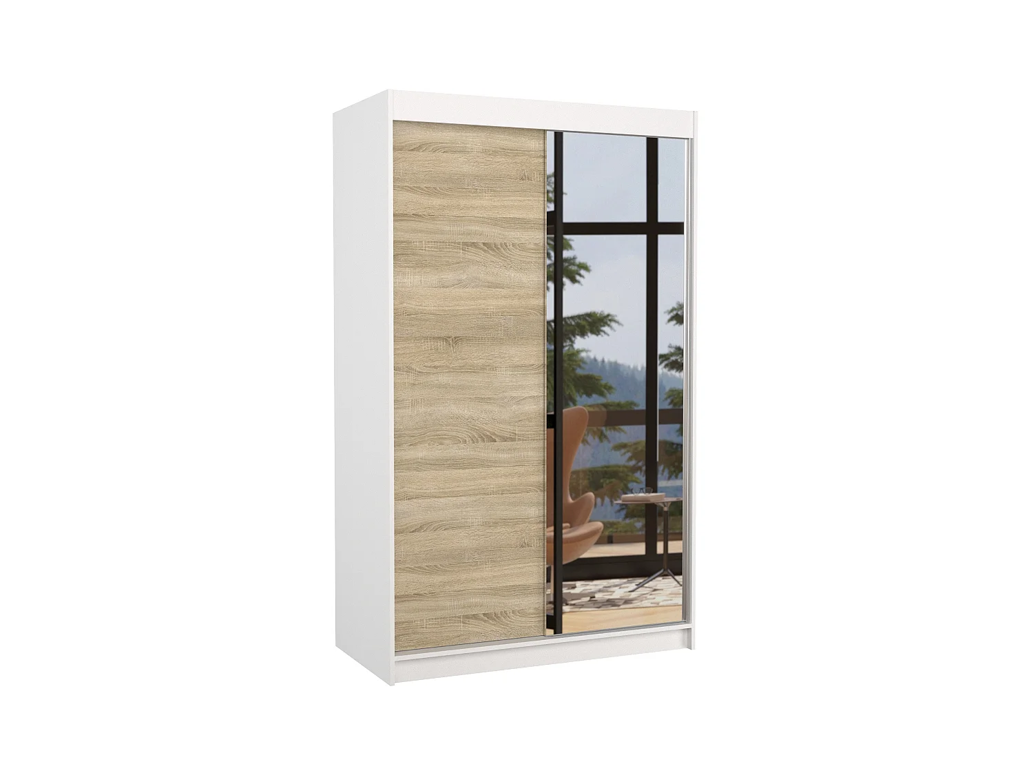 Petite armoire de chambre blanche 2 portes coulissantes 1 bois naturel 1 miroir Roxane 120cm