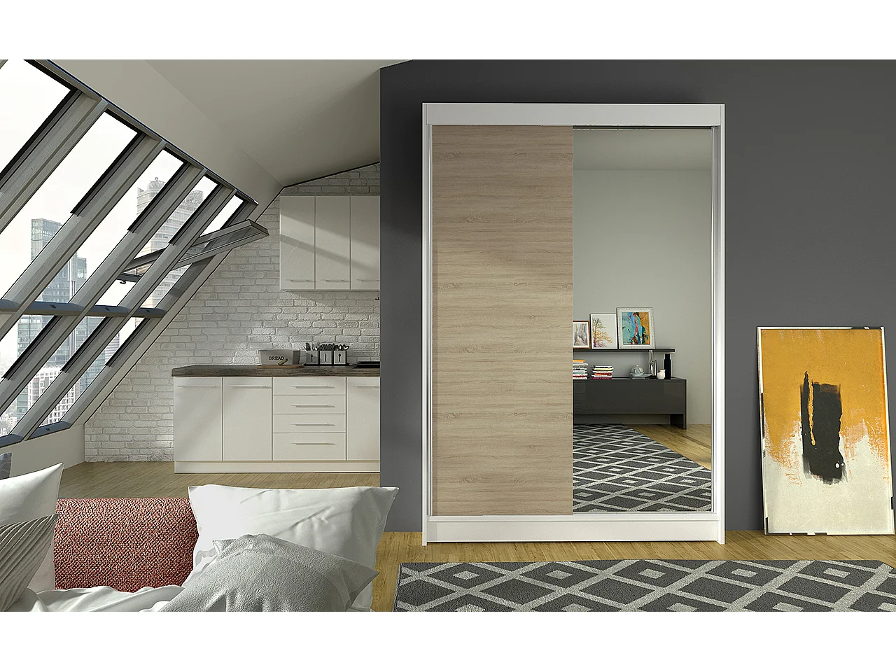 Petite armoire de chambre blanche 2 portes coulissantes 1 bois naturel 1 miroir Roxane 120cm