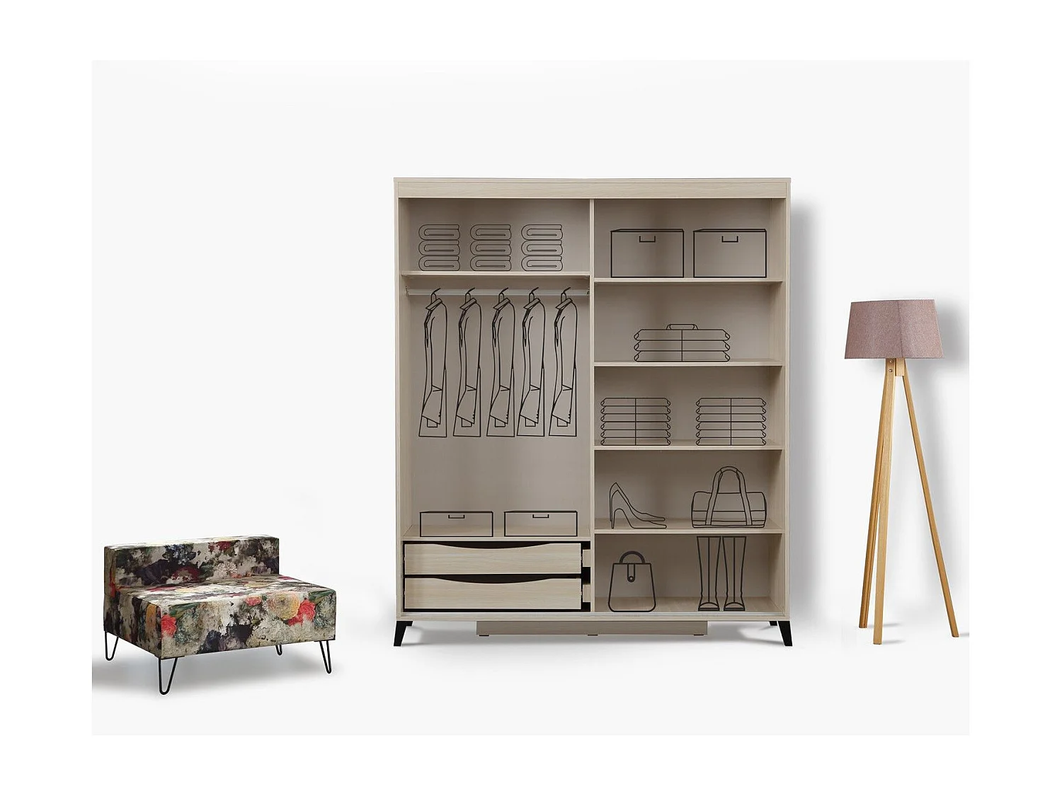 Licht eiken kledingkast voor volwassenen 2 schuifdeuren met spiegel Marka - 8 maten-Breedte 190cm