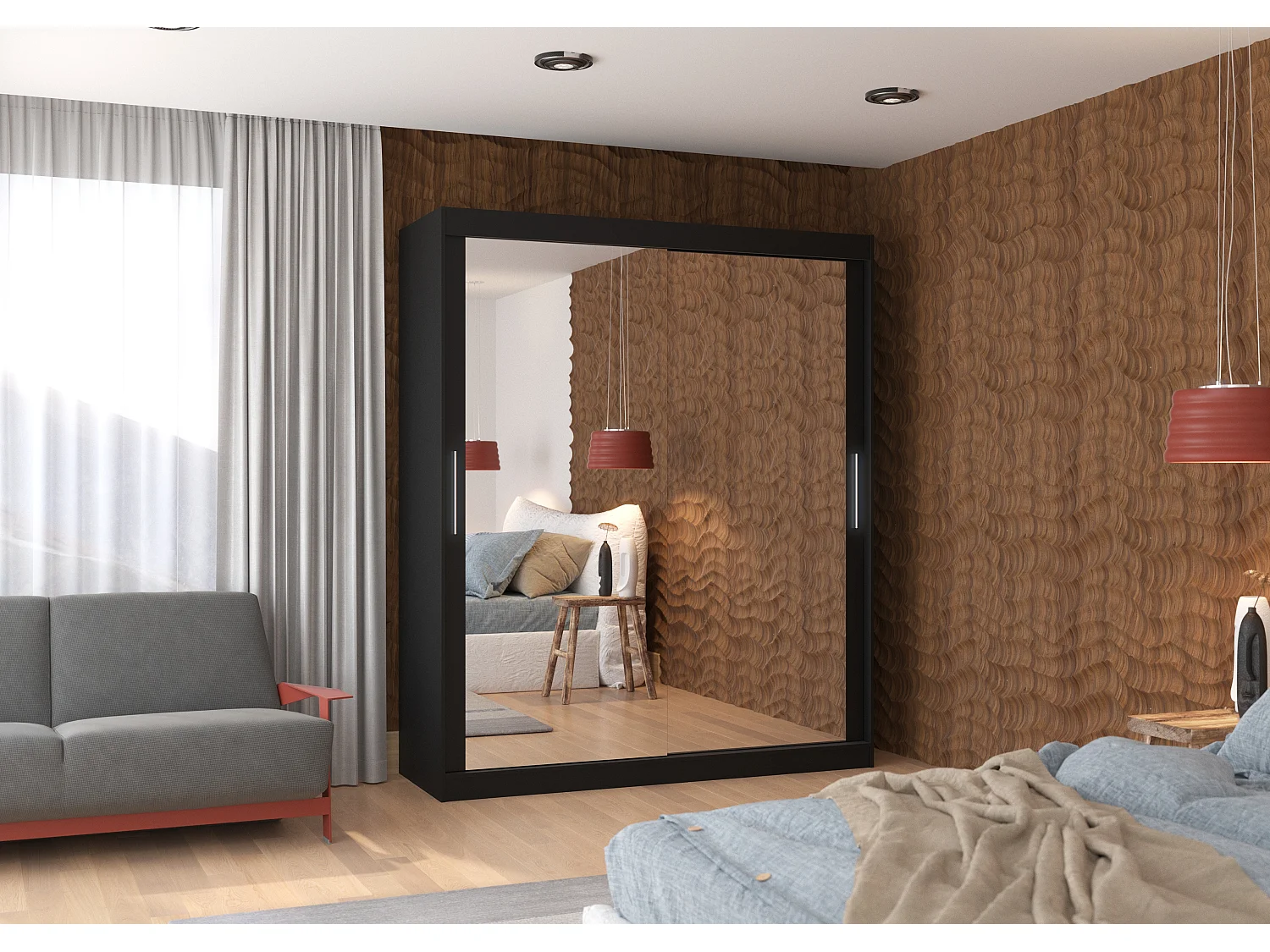 Armoire de chambre noir 2 portes coulissantes avec miroir Toraz 180cm