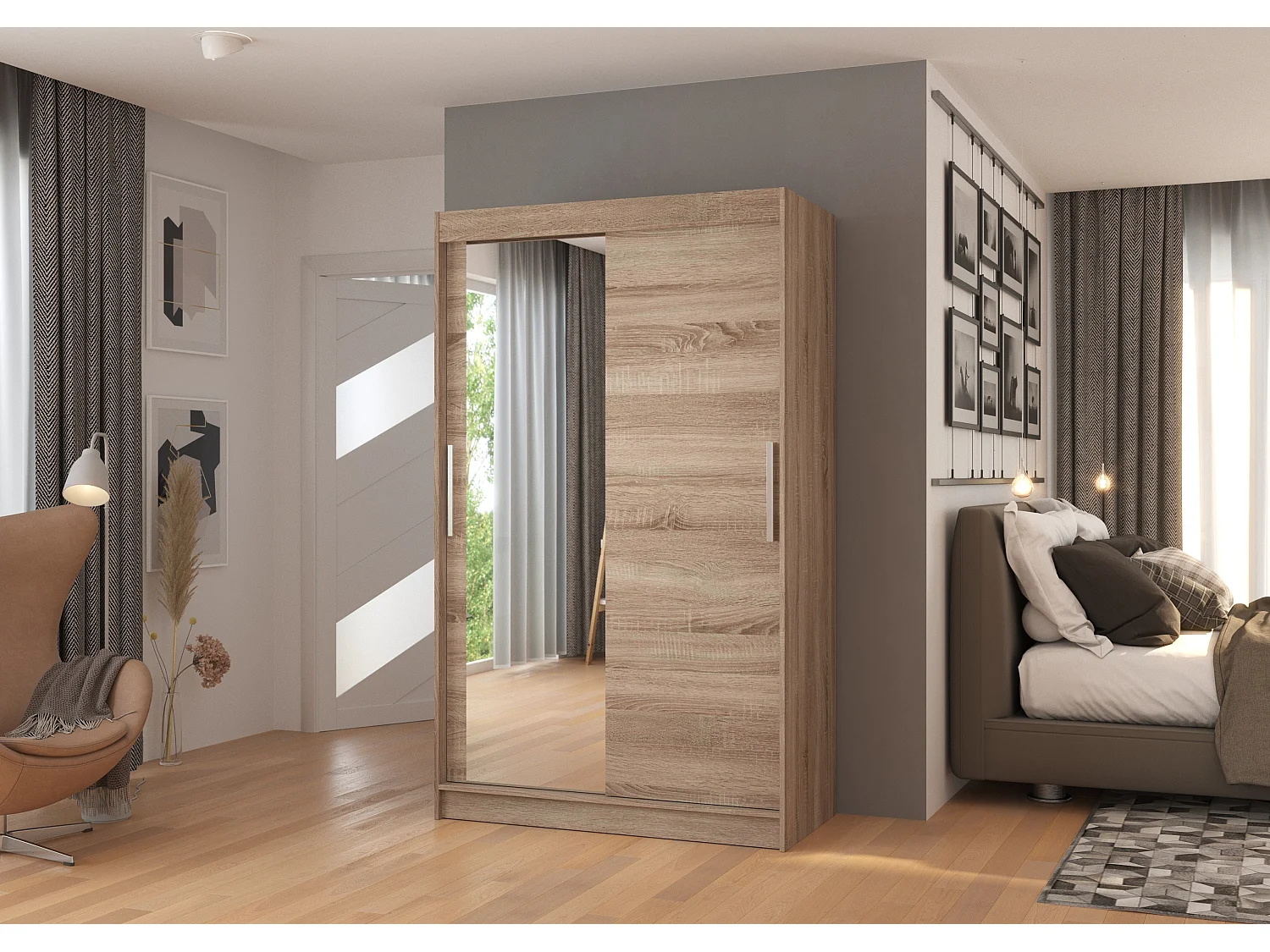 Petite armoire de chambre BAZO 2 portes coulissantes bois et miroir-Marron noisette-Largeur 120 cm